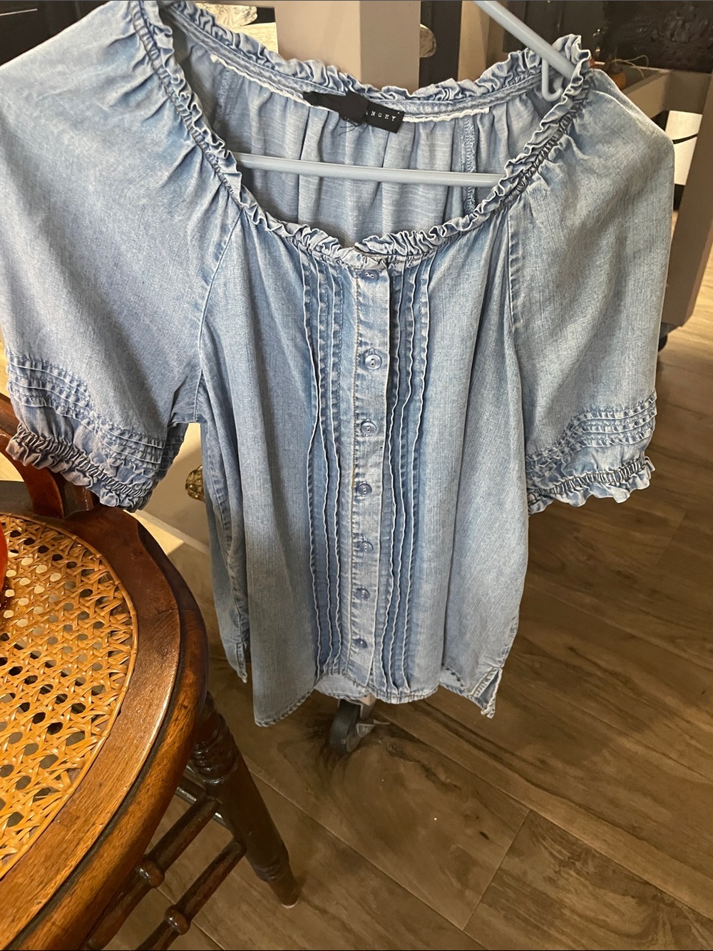 a.n.a Light Blue Denim Button-Front Peasant Blouse